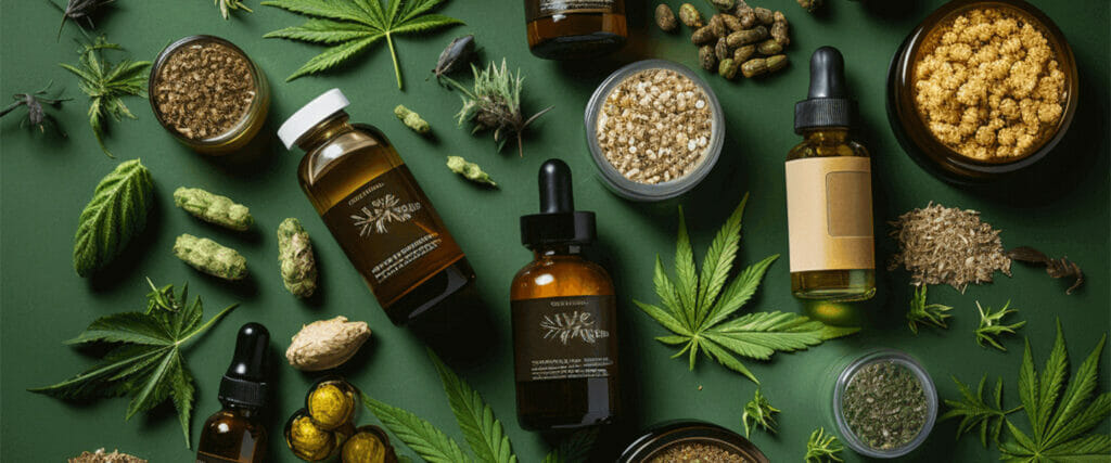 CBD Öl und Hanfprodukte mit Cannabis Blatt auf einem Tisch