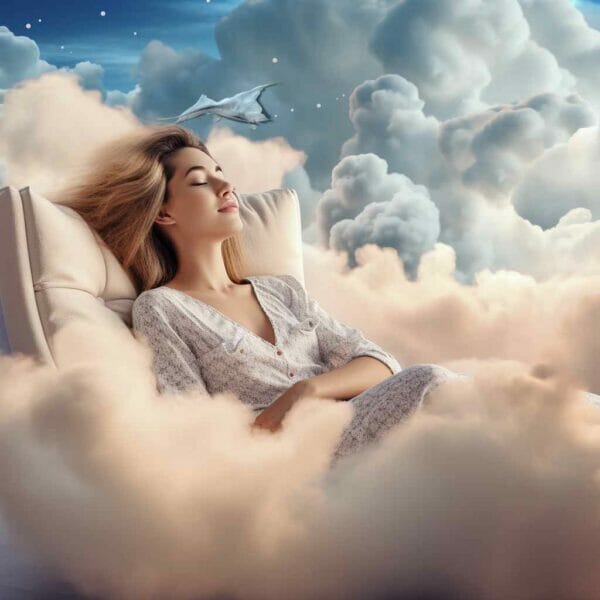Relaxed woman in the clouds with CBD oil effect