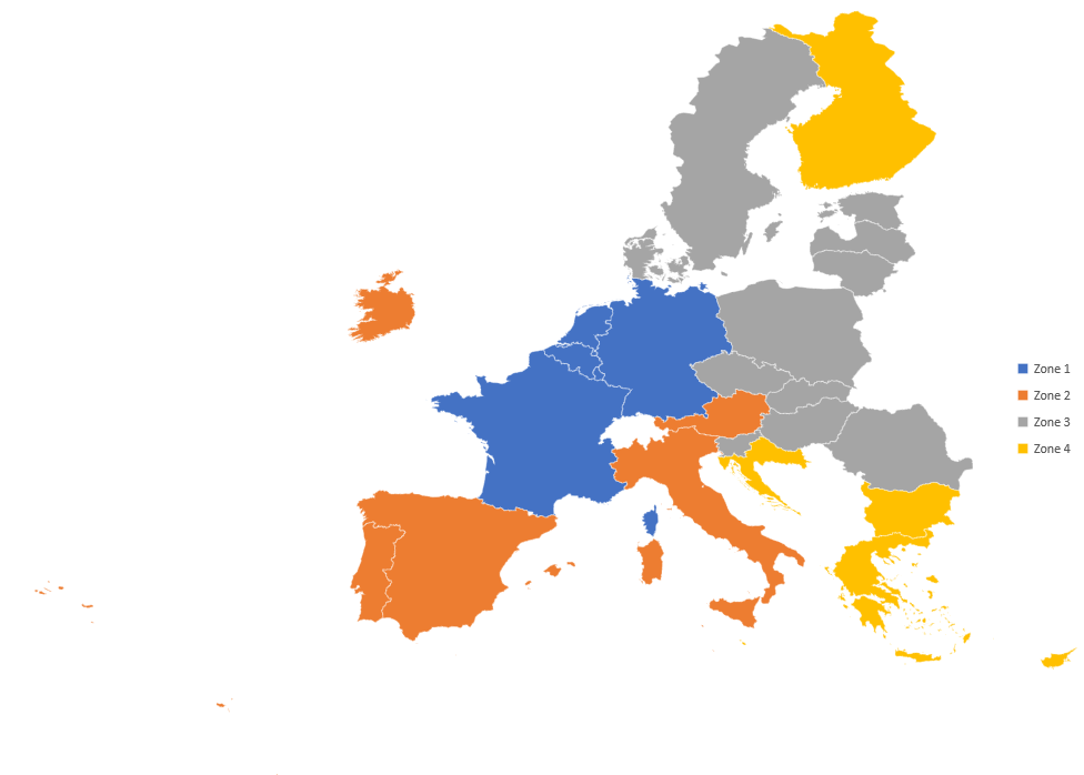 Karte der Versandzonen von uweed.ch in Europa