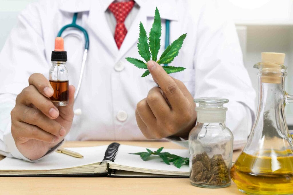 A doctor holding a CBD oil and on the other side holding a THC plant
