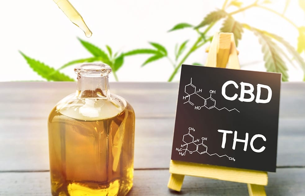 Une pancarte avec les deux compositions chimiques du CBD et THC a coté d'une bouteille d'huile de CBD