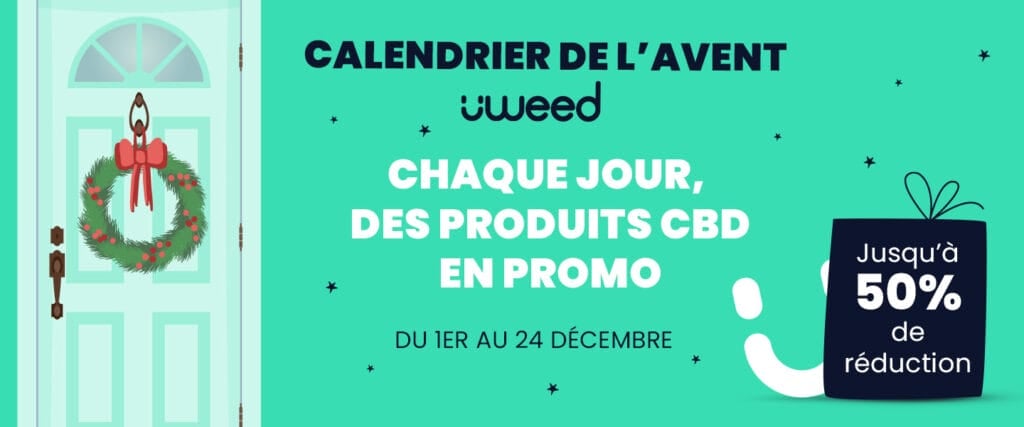 Visuel du calendrier de l'avent uWeed, avec cases numérotées et décorations festives, mettant en avant des produits CBD suisses pour chaque jour de décembre