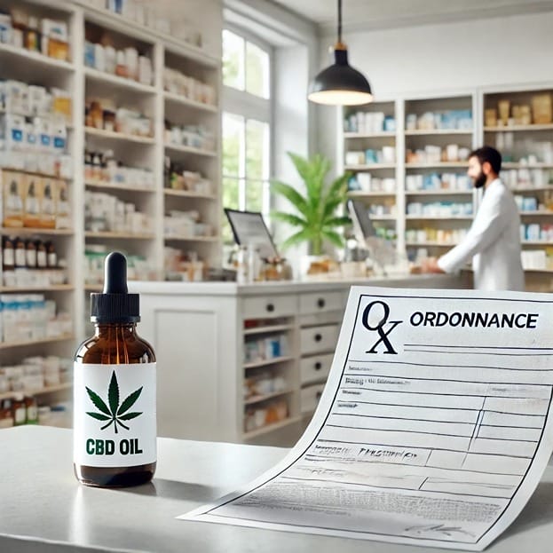 Flasche CBD-Öl neben einem Rezept in einer Schweizer Apotheke