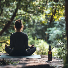 Person, die im Freien meditiert mit CBD daneben, in einer Zen- und beruhigenden Atmosphäre