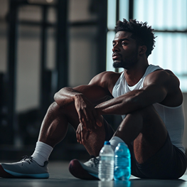Athlet bei der Erholung nach dem Training, sitzend und entspannt in einer sportlichen Umgebung