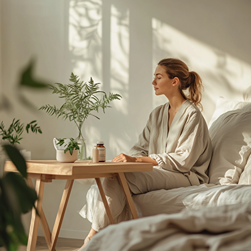 Eine entspannte Person in einem ruhigen Zimmer, die an einem Tisch mit CBD-Produkten sitzt und über mögliche Nebenwirkungen von Cannabidiol nachdenkt