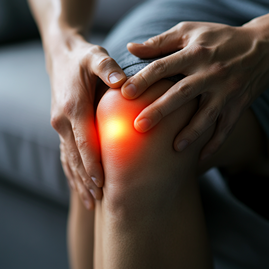 Nahaufnahme eines Knies mit Arthrose oder Arthritis, mit einem roten Leuchten, das auf Entzündungen hinweist. Die Hände der Person umgeben das Gelenk und verdeutlichen Schmerzen und Gelenksteifheit