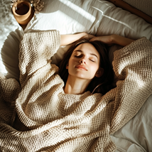 Tief schlafende Frau auf einem Bett, mit entspannten Armen über ihrem Kopf, eingehüllt in einen strukturierten Wollpullover. Weiches Morgenlicht filtert durch das Fenster und schafft eine friedliche und entspannende Atmosphäre