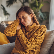 Frau mit Nackenschmerzen, die auf einem beigen Sofa sitzt, einen gelben Strickpullover trägt und einen Ausdruck von Beschwerden und Unwohlsein zeigt. Eine warme Atmosphäre, die jedoch durch den empfundenen Schmerz kontrastiert wird