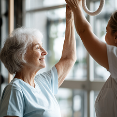 Eine ältere Frau mit grauen Haaren lächelt, während sie eine Rehabilitationsübung mit Unterstützung einer Therapeutin in einem hellen medizinischen Zentrum durchführt, was die Bedeutung der Unterstützung bei der Bewältigung der Parkinson-Krankheit veranschaulicht