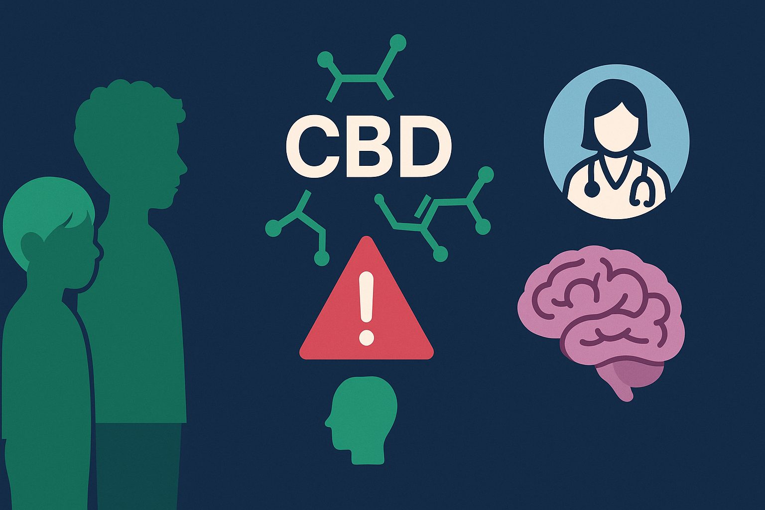 Graphique CBD avec alerte rouge, silhouettes d’enfants et icône médecin