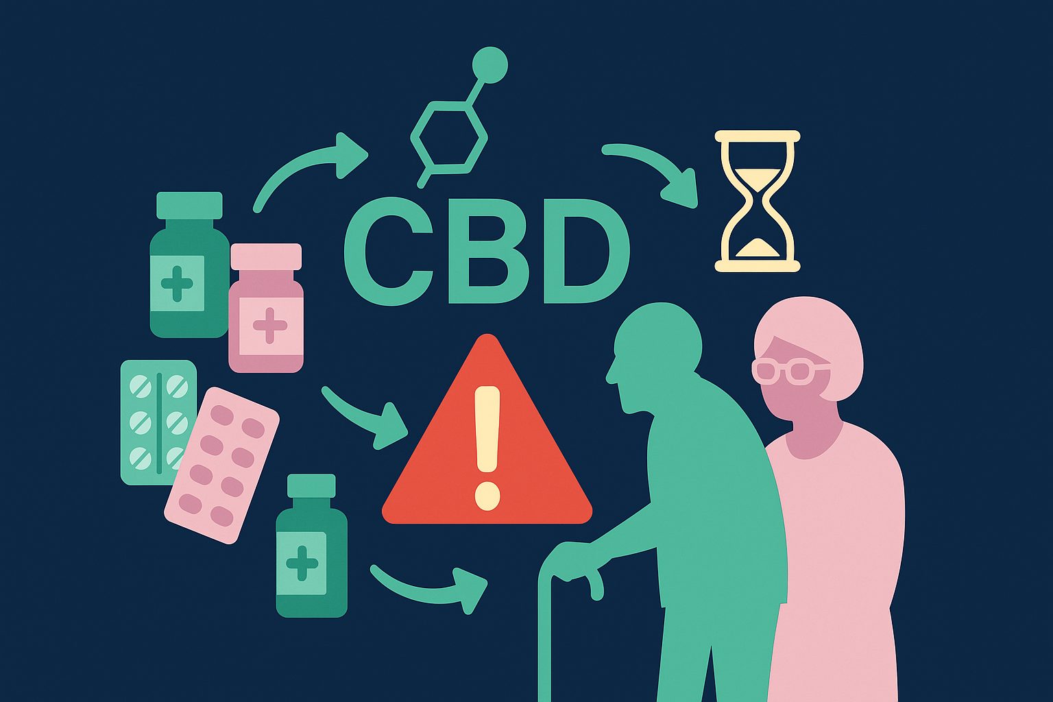 Illustration du CBD entouré d’un avertissement, de médicaments et de silhouettes de seniors.