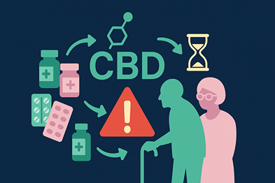 Warning sign with CBD, pills, and senior figures