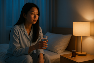 Femme prenant un anxiolytique le soir, illustrant l’interaction possible avec le CBD
