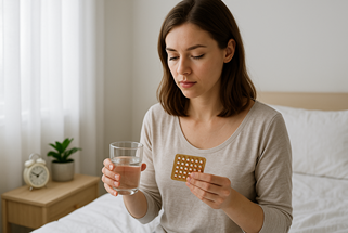 Femme tenant sa pilule contraceptive et un verre d’eau, illustrant les interactions possibles avec le CBD