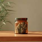 Airtight amber jar with CBD flowers, protecting from UV rays and preserving cannabinoids