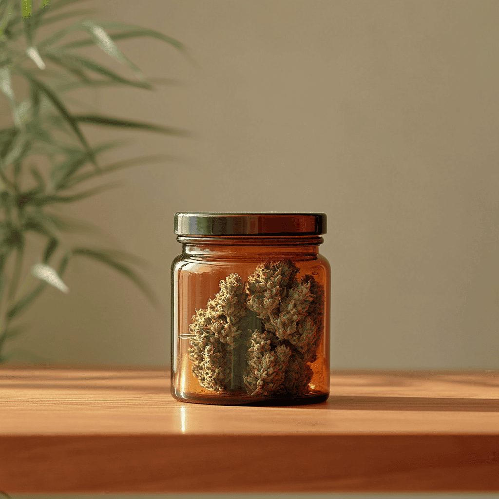 Airtight amber jar with CBD flowers, protecting from UV rays and preserving cannabinoids