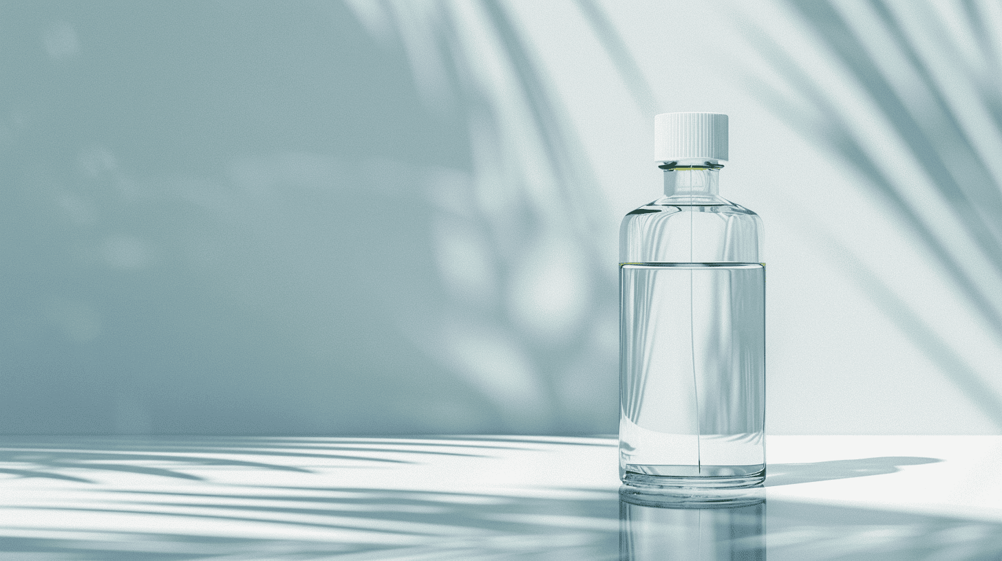 Bouteille d'huile MCT transparente et incolore illustrant la pureté des triglycérides.