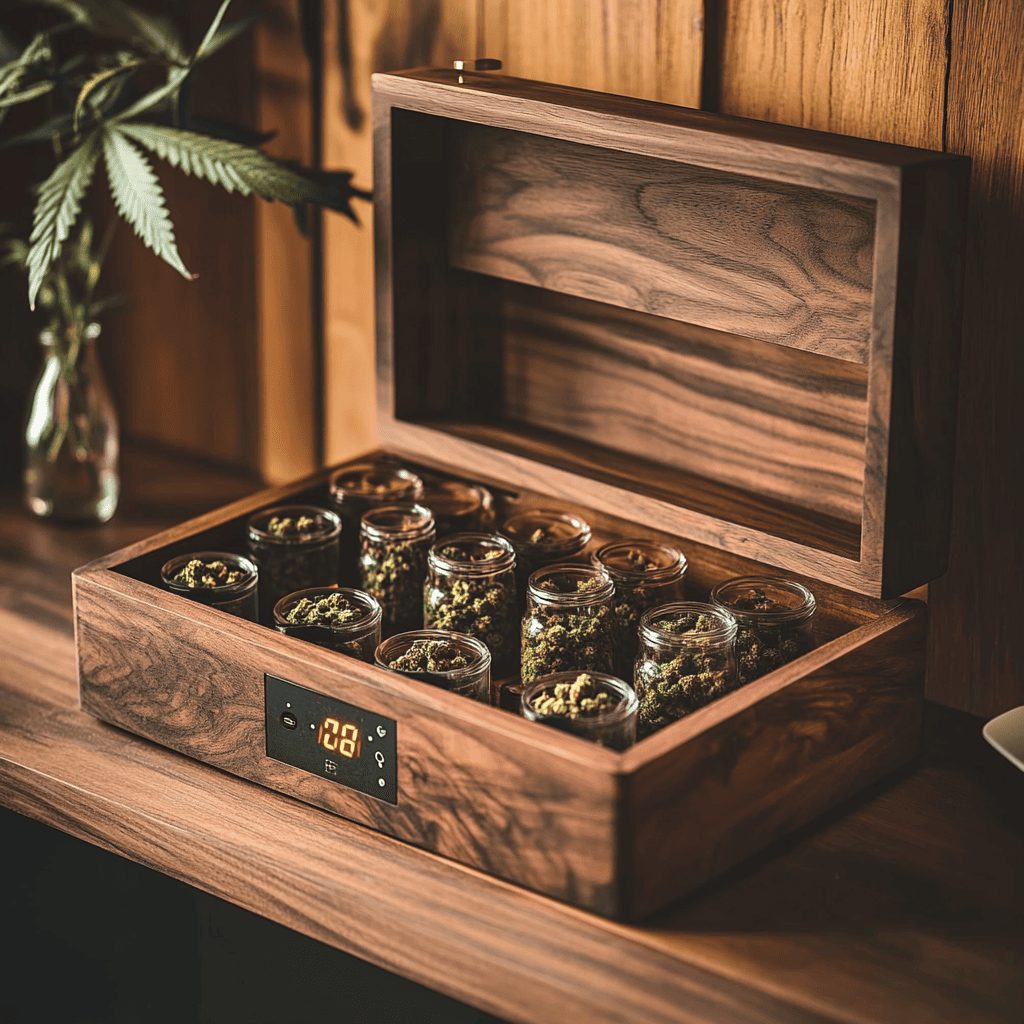 Cannabis humidor cabinet with glass jars and digital climate control for professional flower storage