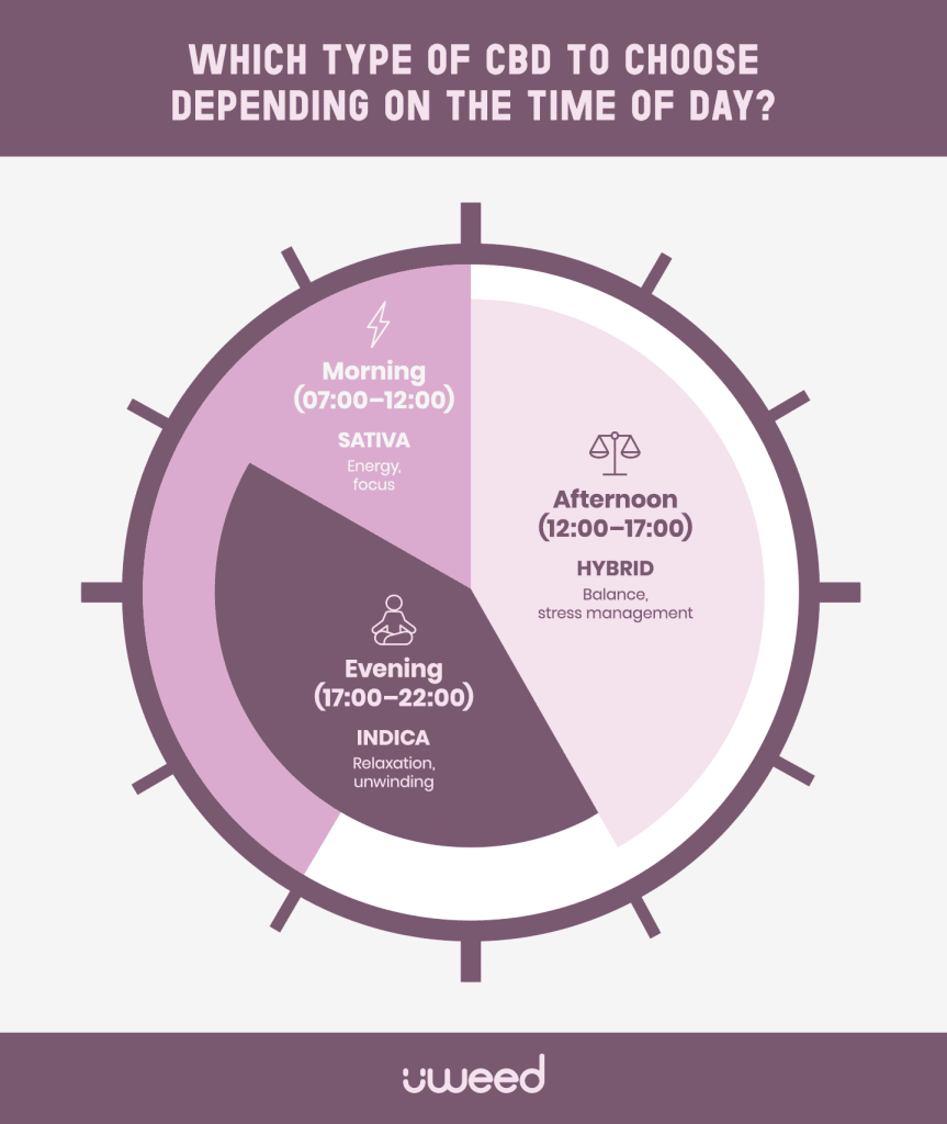 Visual clock suggesting when to use Sativa, Indica, or Hybrid CBD depending on time and activity.