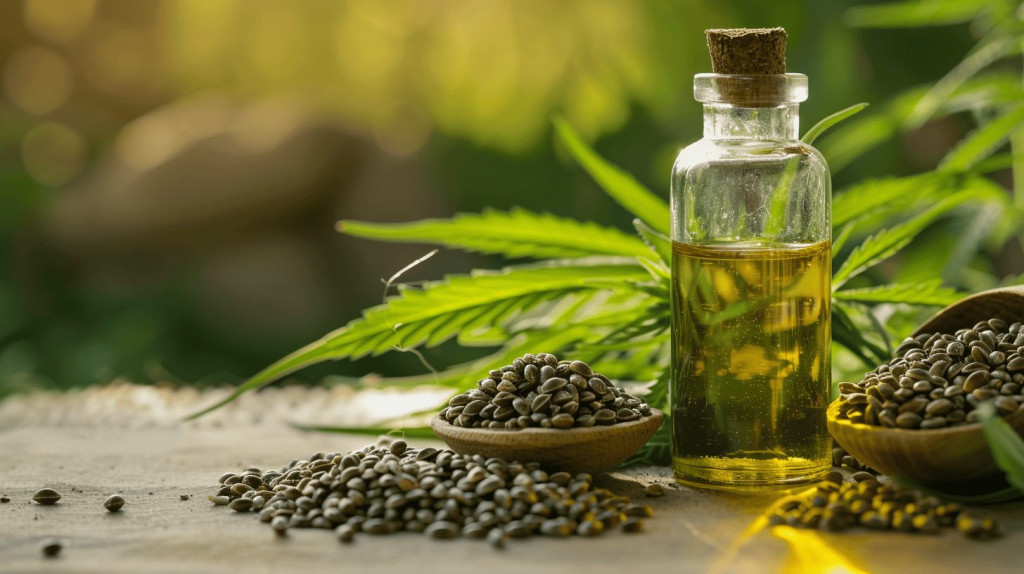 Hemp oil bottle with golden-green tone, seeds, and cannabis leaves