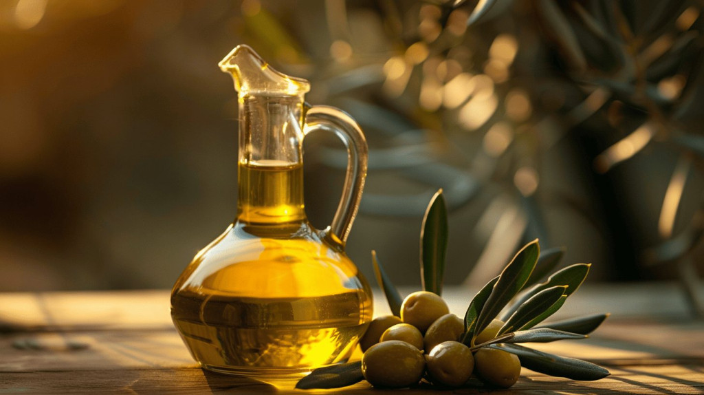 Carafe d'huile d'olive extra vierge dorée avec olives vertes et feuilles d'olivier sur fond méditerranéen.