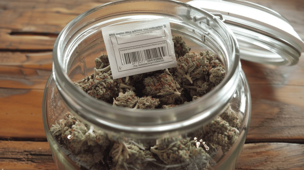 Glass jar with CBD flowers and a visible humidity control pack for optimal freshness