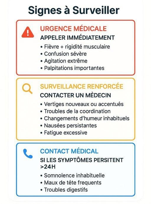 Guide visuel des signes d'interaction CBD-antidépresseurs classés par niveau d'urgence médicale avec symptômes à surveiller