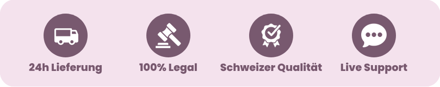 Vier Vertrauenssignale für CBD-Bestellung: schnelle Lieferung, Schweizer Legalität, geprüfte Qualität und Live-Kundenberatung