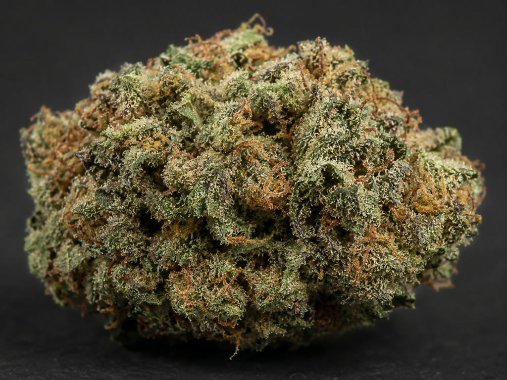 Nahaufnahme einer Schweizer Indoor-CBD-Blüte mit dichtem Trichombesatz