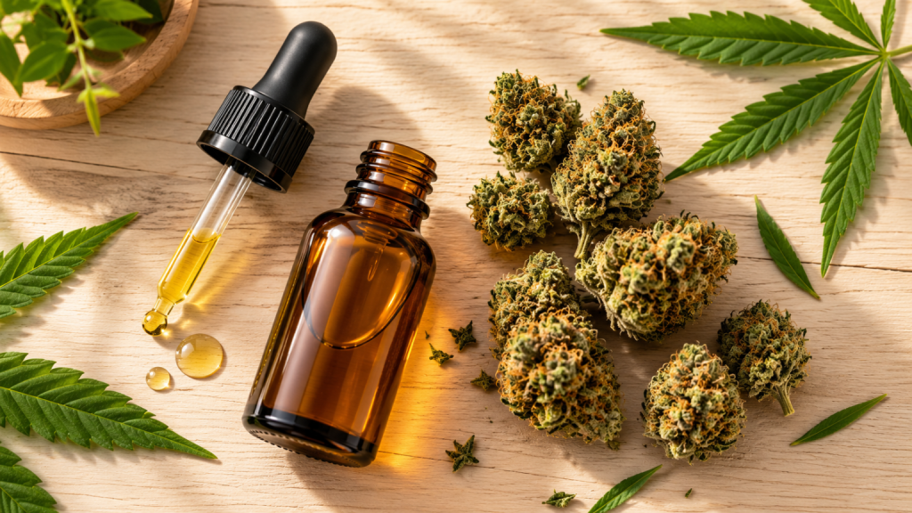 Flatlay comparison of CBD oil and CBD flowers.