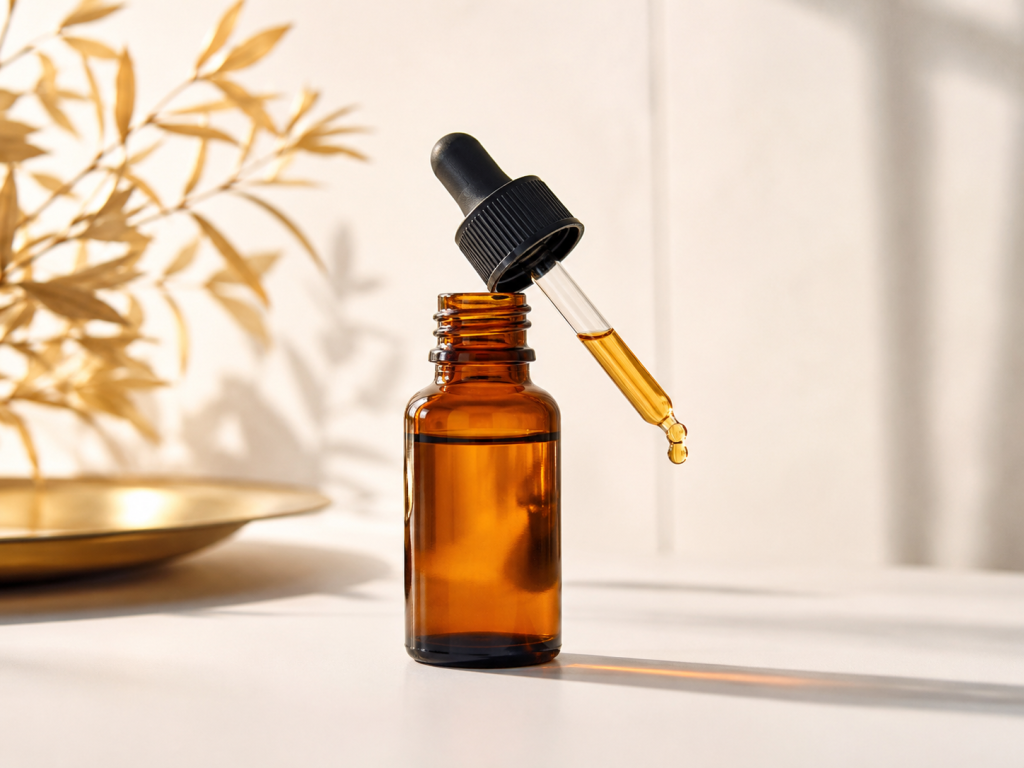 Full-spectrum CBD oil with a pipette and visible drop.