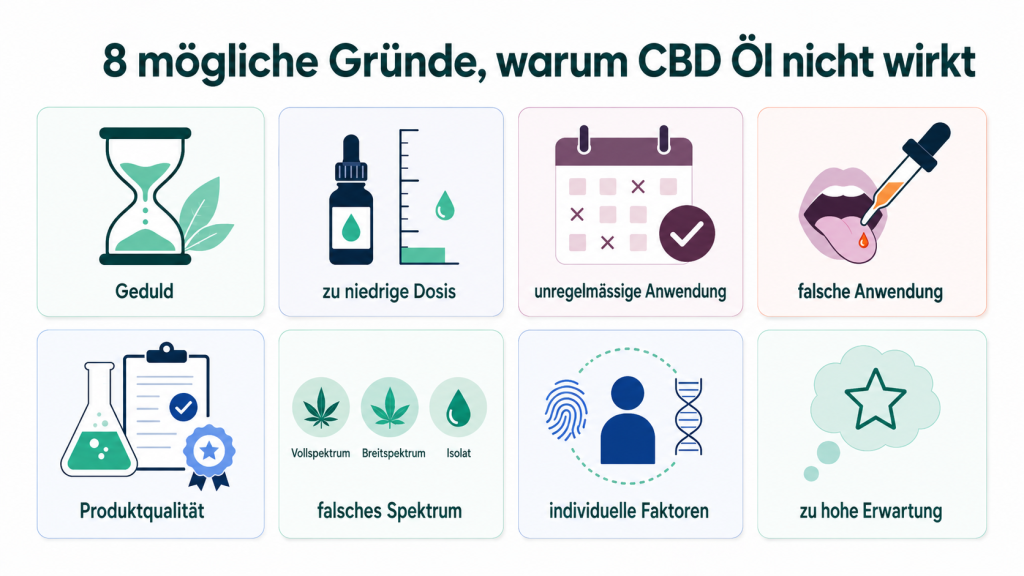 Übersichtsgrafik mit acht möglichen Gründen, warum CBD Öl nicht wirkt