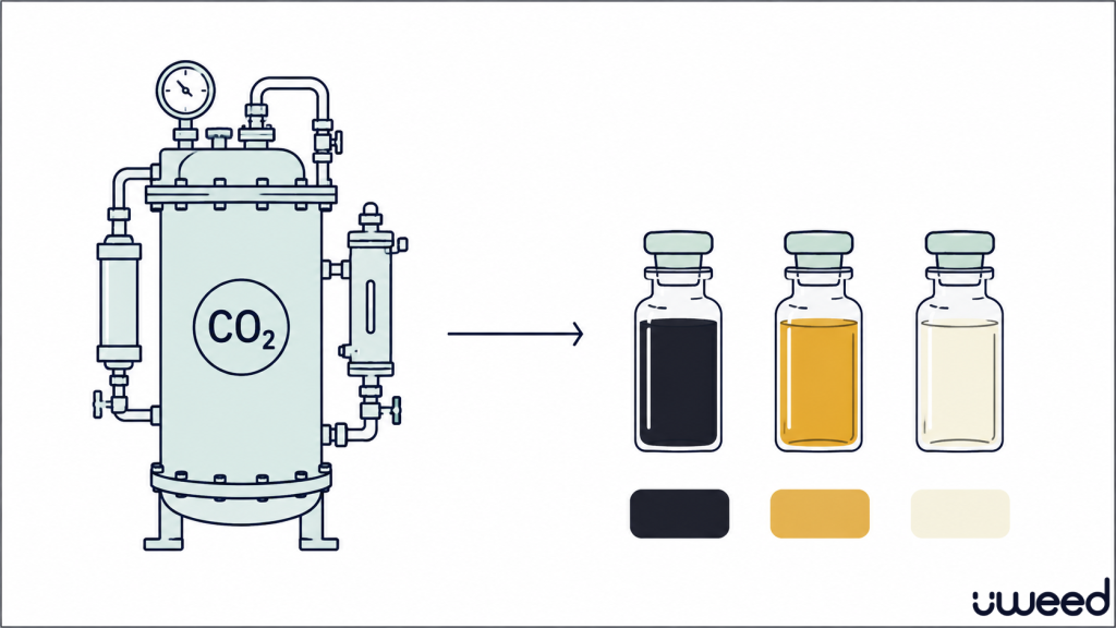 Drei Filtrationsstufen von CBD Extrakt im Farbvergleich: roh, decarboxyliert, destilliert