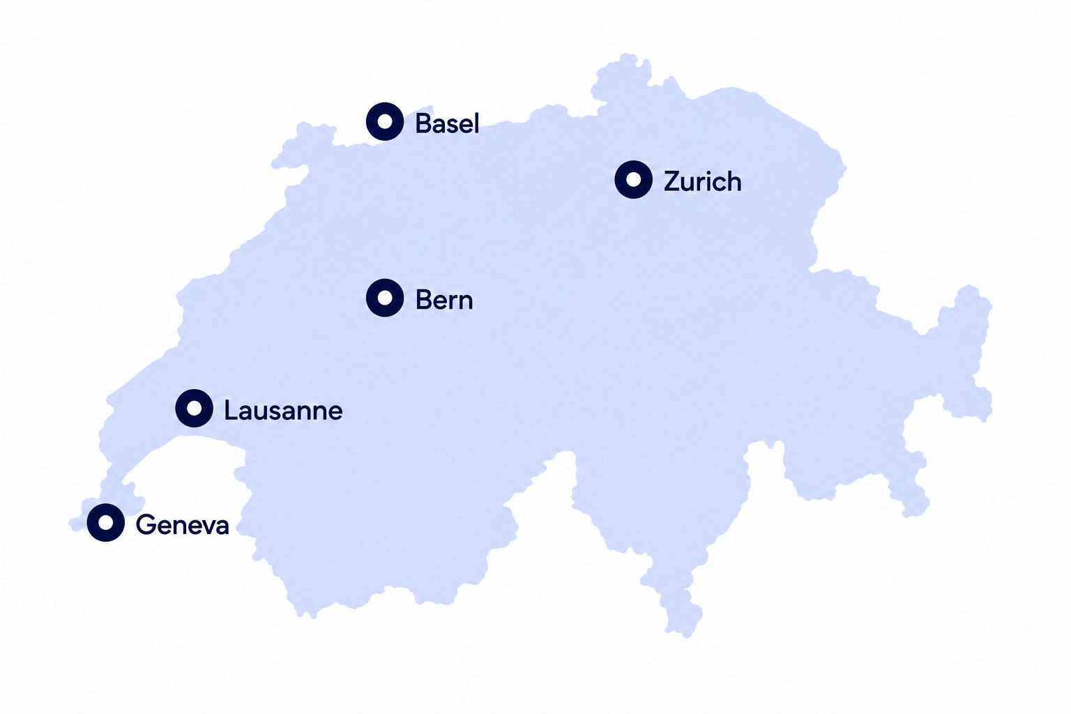 Map of Switzerland showing uWeed city pages for Zurich, Basel, Bern, Geneva and Lausanne