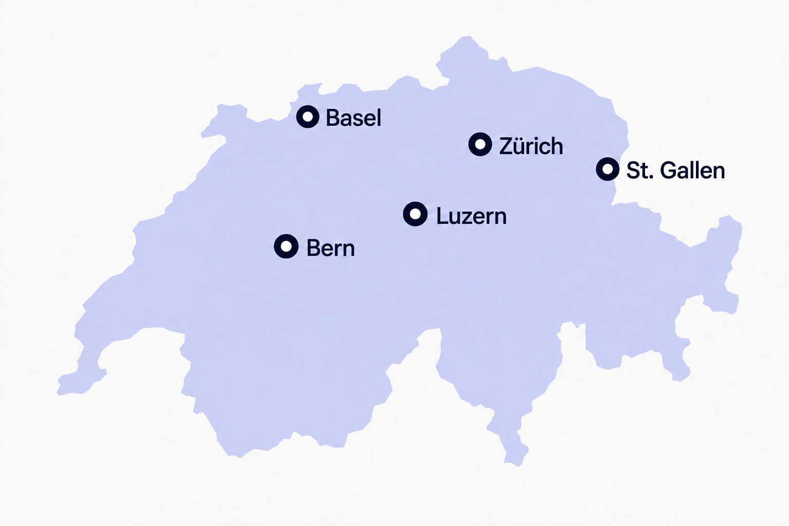 Karte der Schweiz mit den uWeed Stadtseiten für Zürich, Basel, Bern, Luzern und St. Gallen