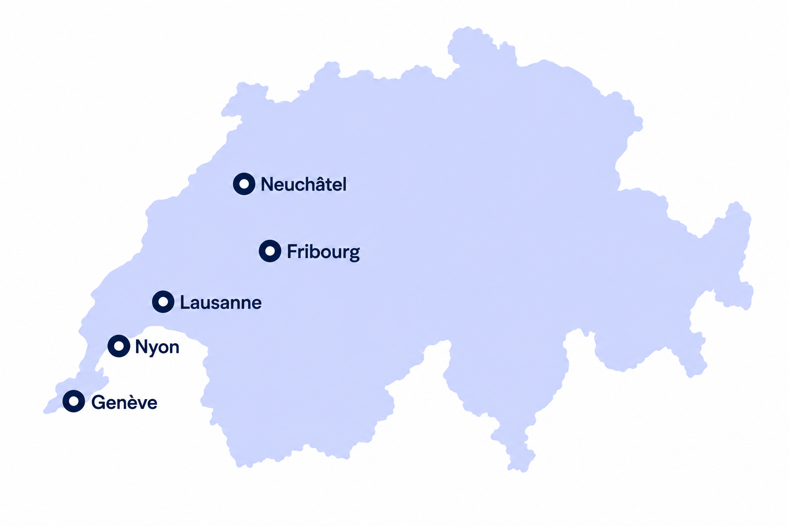 Carte de la Suisse avec les pages ville uWeed pour Genève, Lausanne, Fribourg, Neuchâtel et Nyon