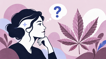 Woman looking at a hemp leaf with a question mark, illustrating whether CBD makes you high